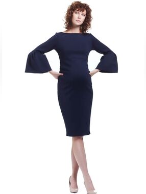 Chiara Boni Le Petite Robe Long Bell Sleeve Bateau Midi Dress Navy& White 10